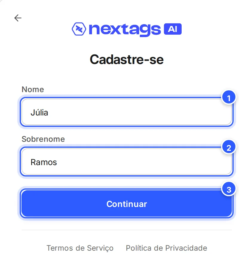 Cadastro por e-mail, depois do código: os campos Nome e Sobrenome preenchidos e o botão Continuar.