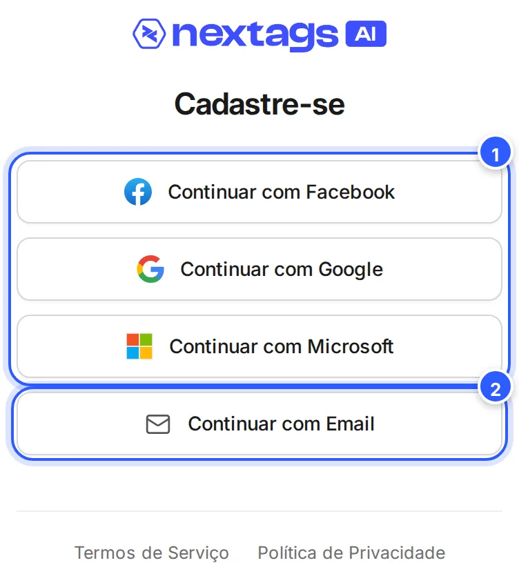 Tela Cadastre-se com os botões Continuar com Facebook, Continuar com Google, Continuar com Microsoft e Continuar com Email.