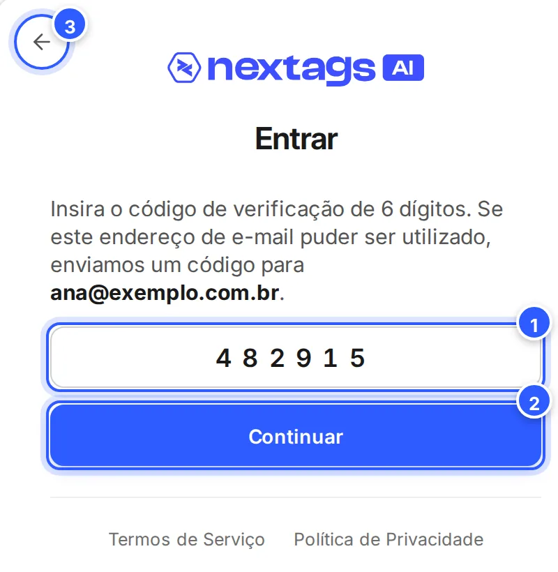 Entrar com e-mail: o aviso do código de 6 dígitos enviado para o e-mail, o código digitado, o botão Continuar e a seta para voltar.
