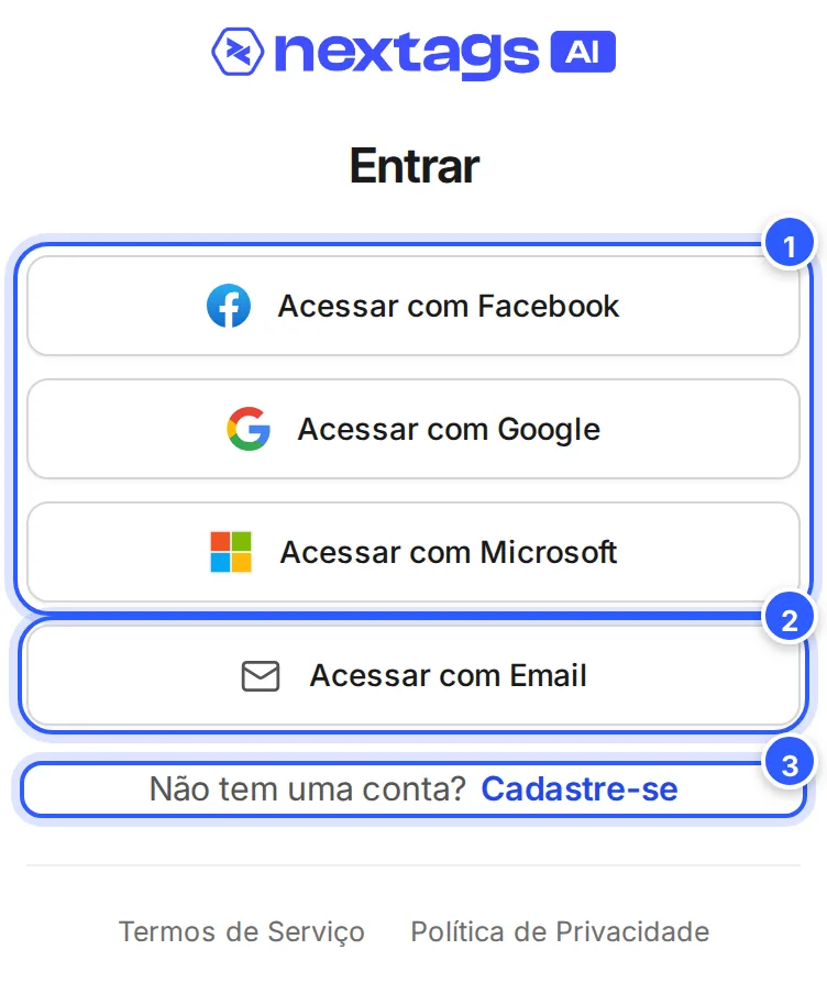 Tela Entrar com os botões Acessar com Facebook, Acessar com Google, Acessar com Microsoft e Acessar com Email, e o link Cadastre-se.