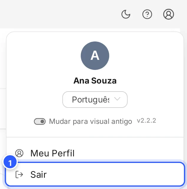 Menu do perfil aberto, com Sair em destaque, embaixo de Meu Perfil.