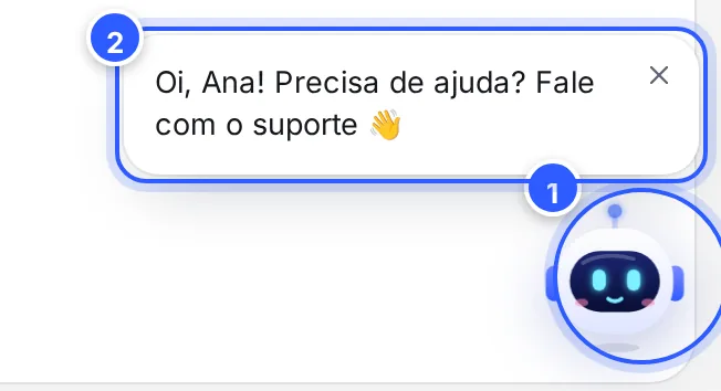 Canto de baixo, à direita, do app: o mascote do suporte espiando da borda, com o balão Oi, Ana! Precisa de ajuda? Fale com o suporte.