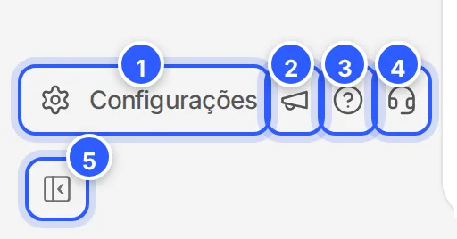 Pé do menu lateral: Configurações, Novidades, Central de ajuda e Falar com o suporte, e embaixo o botão de recolher o menu.