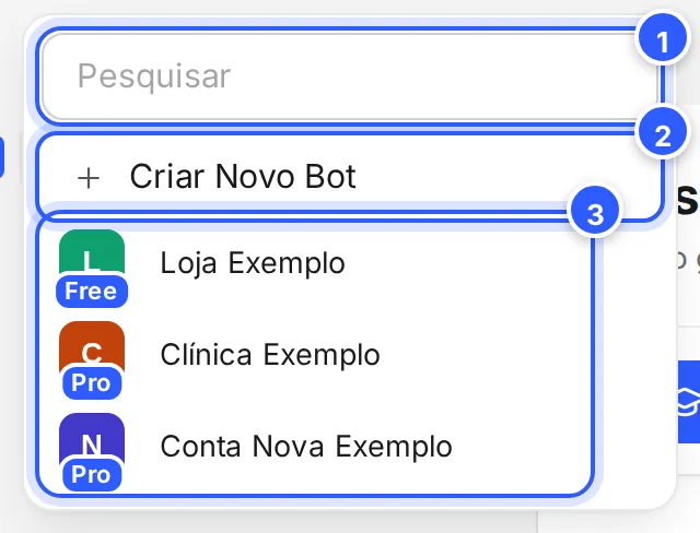Seletor de contas aberto: a busca, Criar Novo Bot e as outras contas do seu login.