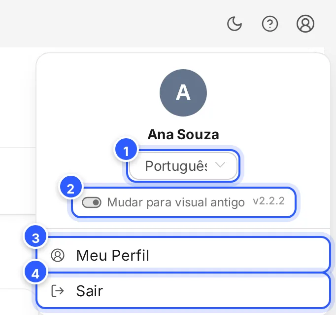 Menu do perfil aberto: o idioma, Mudar para visual antigo, Meu Perfil e Sair.