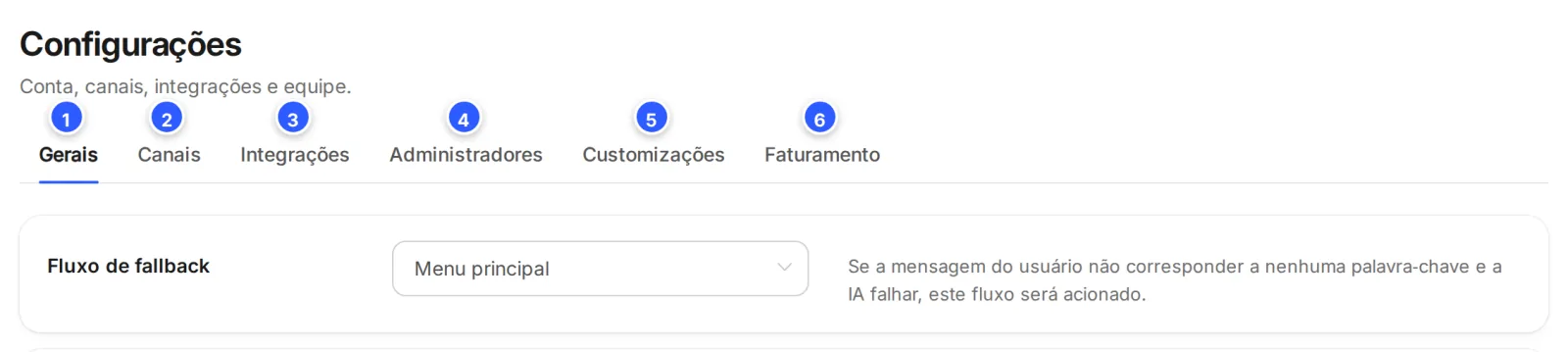 Página Configurações com as seis abas: Gerais, Canais, Integrações, Administradores, Customizações e Faturamento, e o começo da aba Gerais.