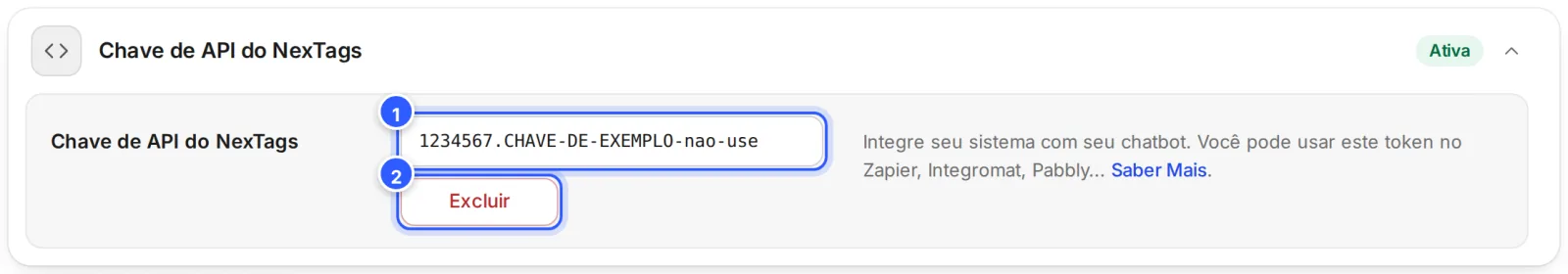 Cartão Chave de API do NexTags com uma chave de exemplo no campo, o selo Ativa e o botão Excluir.