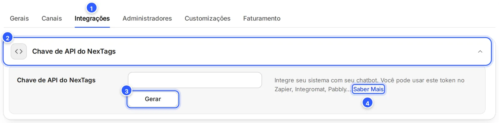 Aba Integrações com o cartão Chave de API do NexTags aberto, o campo da chave vazio, o botão Gerar e o texto que fala do uso da chave no Zapier, no Integromat e no Pabbly, com o link Saber Mais.