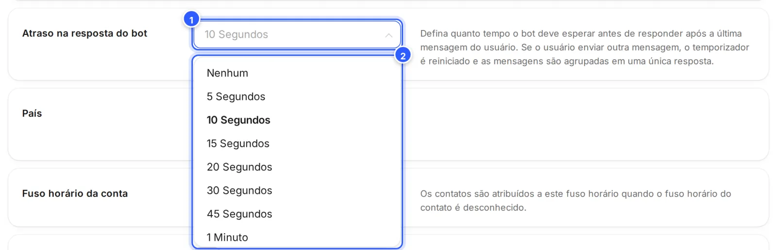Campo Atraso na resposta do bot aberto, com as opções Nenhum, 5, 10, 15, 20, 30 e 45 Segundos, e a explicação ao lado.