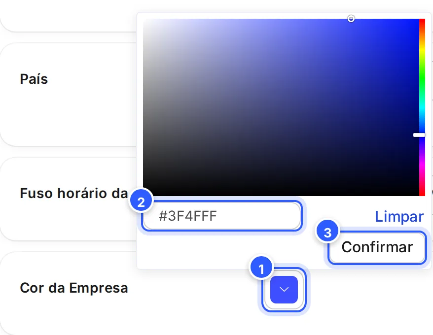 Seletor da Cor da Empresa aberto: o quadro de cores, a barra de tons, o código #3F4FFF e os botões Limpar e Confirmar.