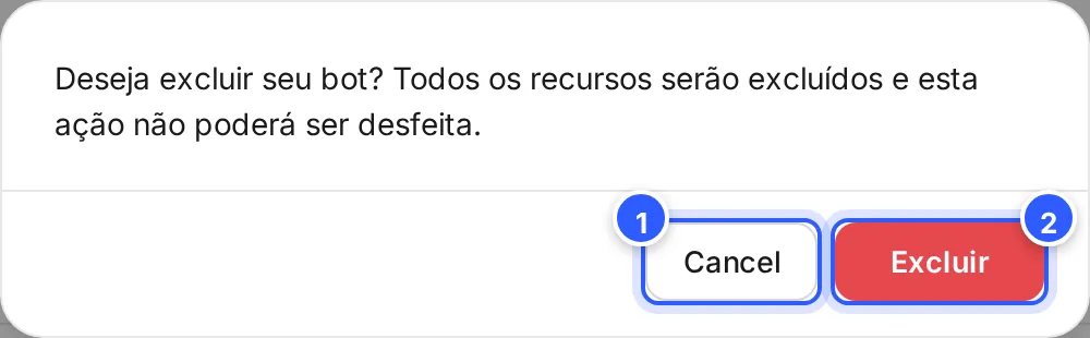 Pergunta Deseja excluir seu bot? Todos os recursos serão excluídos e esta ação não poderá ser desfeita., com os botões Cancel e Excluir.