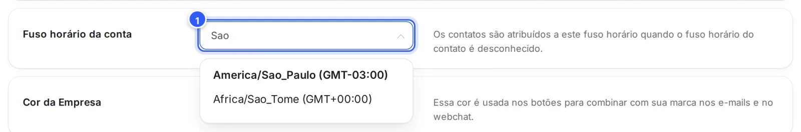 Campo Fuso horário da conta aberto com a busca Sao: a lista mostra America/Sao_Paulo (GMT-03:00).