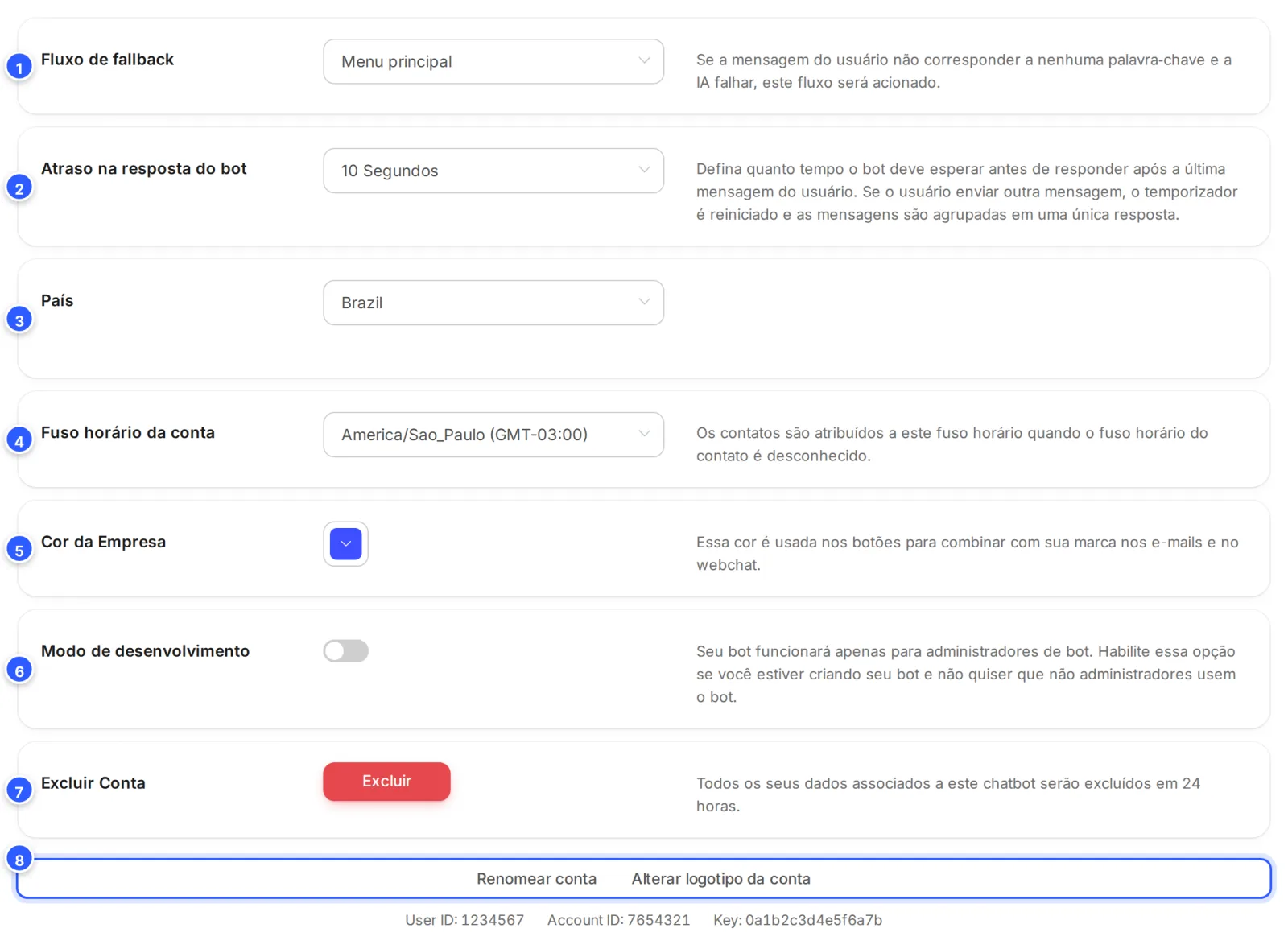 Aba Gerais inteira: Fluxo de fallback, Atraso na resposta do bot, País, Fuso horário da conta, Cor da Empresa, Modo de desenvolvimento, Excluir Conta, os links Renomear conta e Alterar logotipo da conta e os identificadores da conta, com valores de exemplo.