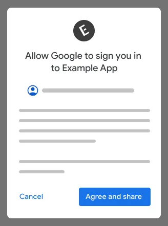 Exemplo de janela de permissão do Google, numa imagem da Central de Ajuda do Google em inglês: o nome do app, a conta do Google escolhida, o texto do que será compartilhado e os botões Cancel e Agree and share.