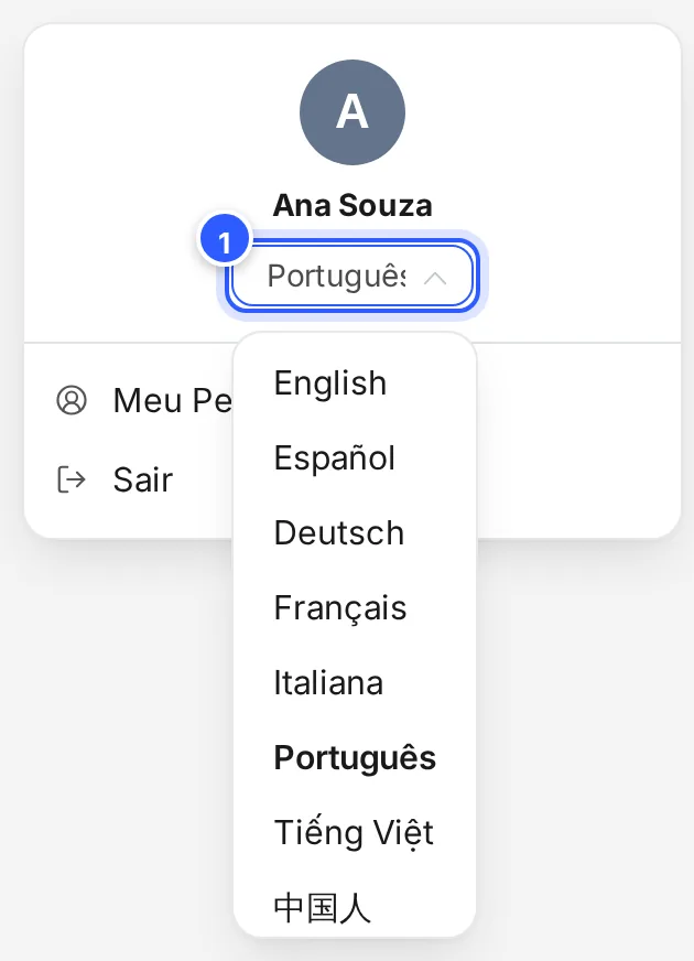 Menu do perfil aberto, com a lista de idiomas da plataforma: English, Español, Deutsch, Français, Italiana, Português, Tiếng Việt e 中国人.