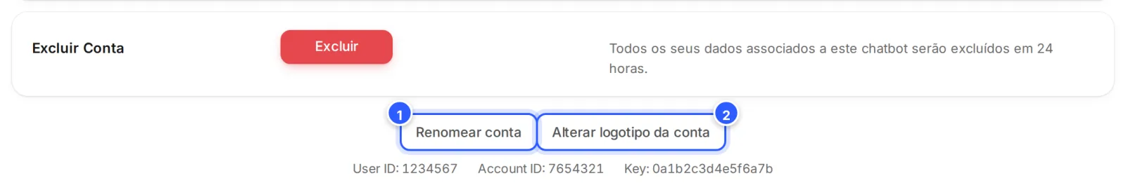Pé da aba Gerais: os links Renomear conta e Alterar logotipo da conta e, embaixo, os identificadores da conta com valores de exemplo.