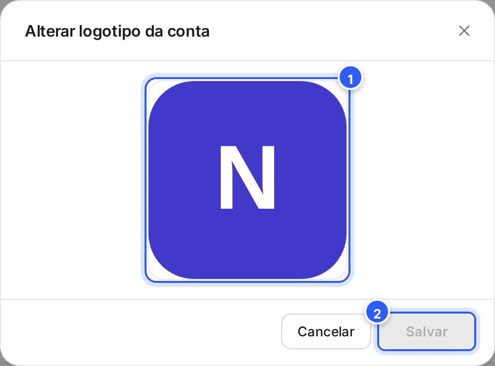 Janela Alterar logotipo da conta com o logotipo atual, que se clica para escolher outra imagem, e os botões Cancelar e Salvar, este ainda apagado.