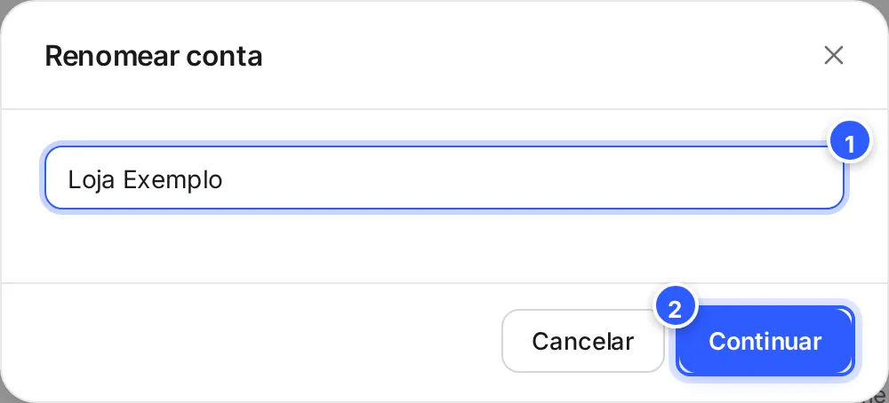 Janela Renomear conta com o nome novo da conta, Loja Exemplo, e os botões Cancelar e Continuar.