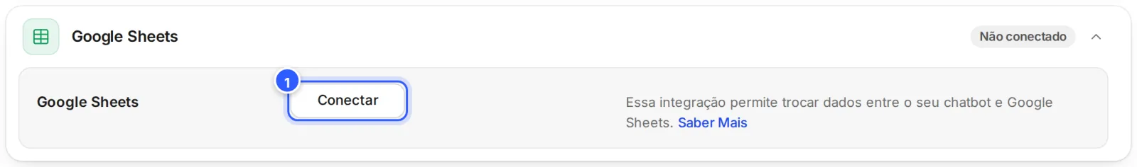 Cartão Google Sheets aberto e Não conectado, com o botão Conectar e o texto que diz que a integração troca dados com o Google Sheets.