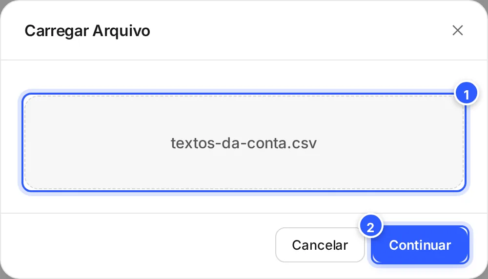 Janela Carregar Arquivo com o arquivo textos-da-conta.csv escolhido e os botões Cancelar e Continuar.