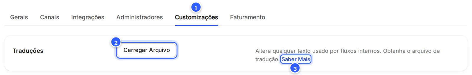 Aba Customizações, linha Traduções: o botão Carregar Arquivo e o texto Altere qualquer texto usado por fluxos internos. Obtenha o arquivo de tradução., com o link Saber Mais.