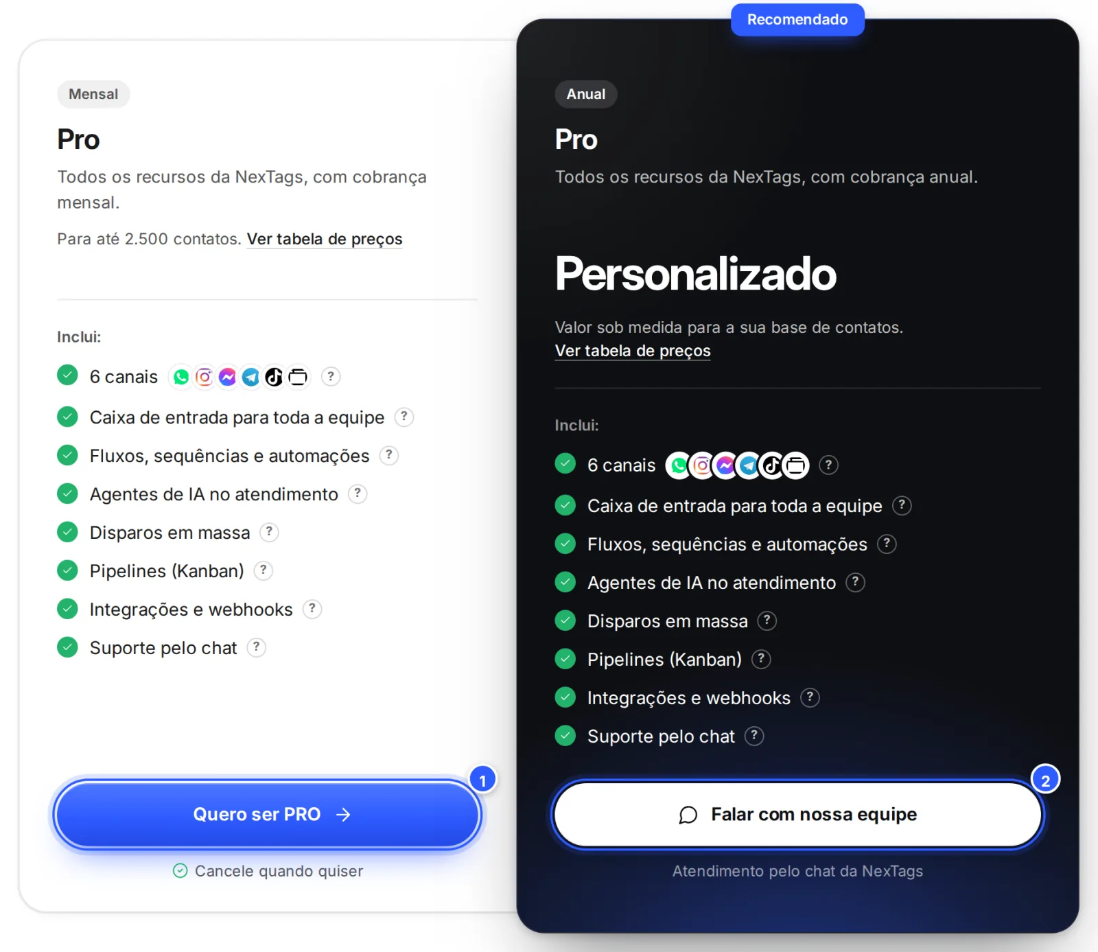 Página de planos de uma conta sem assinatura: o cartão Mensal, com o botão Quero ser PRO, e o cartão Anual, Personalizado, com o botão Falar com nossa equipe.