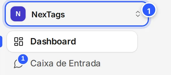Canto de cima, à esquerda, do app: o nome da conta aberta, NexTags, com as setas do seletor de contas.