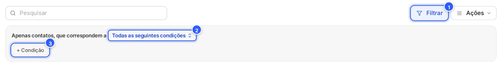 Painel do filtro aberto embaixo da busca: Apenas contatos, que correspondem a, o seletor Todas as seguintes condições e o botão + Condição.