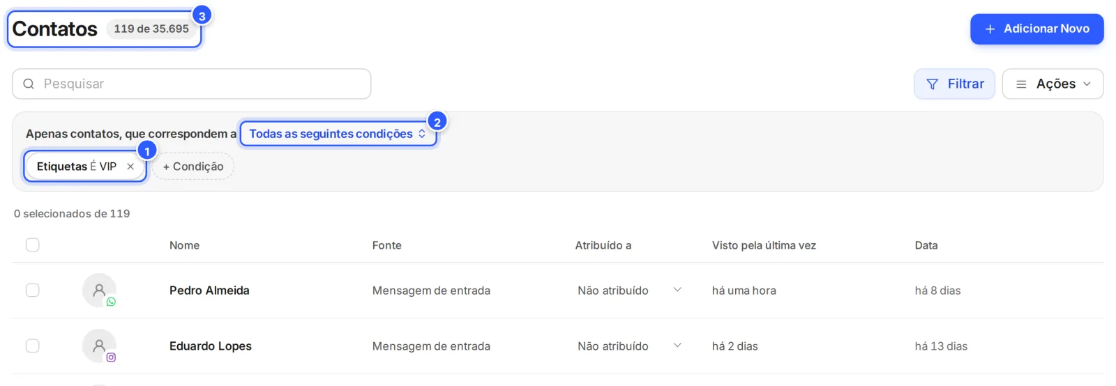 Filtro com a condição Etiquetas É VIP: o total ao lado do título mostra quantos contatos sobraram de quantos a conta tem, e a lista mostra só esses contatos.