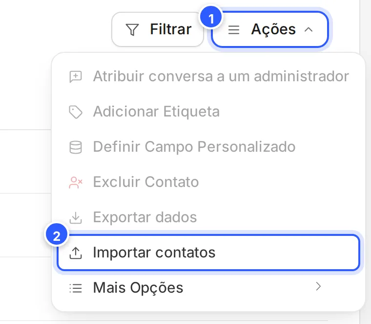 Menu Ações aberto sem contatos marcados: as ações em massa apagadas e Importar contatos disponível.