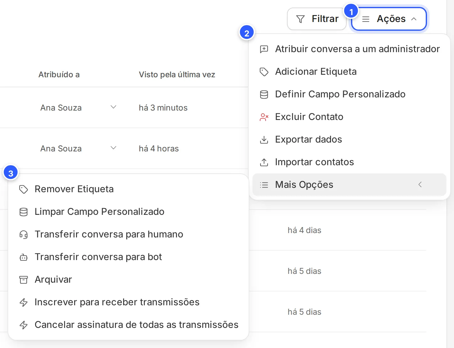 Menu Ações aberto com contatos marcados: Atribuir conversa a um administrador, Adicionar Etiqueta, Definir Campo Personalizado, Excluir Contato, Exportar dados, Importar contatos e Mais Opções, com a lista de Mais Opções aberta ao lado.