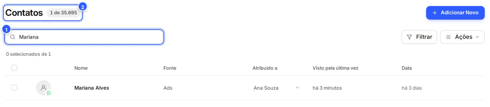 Busca com o nome Mariana: o total ao lado do título passa a mostrar quantos contatos foram achados de quantos a conta tem, e a lista mostra os resultados.