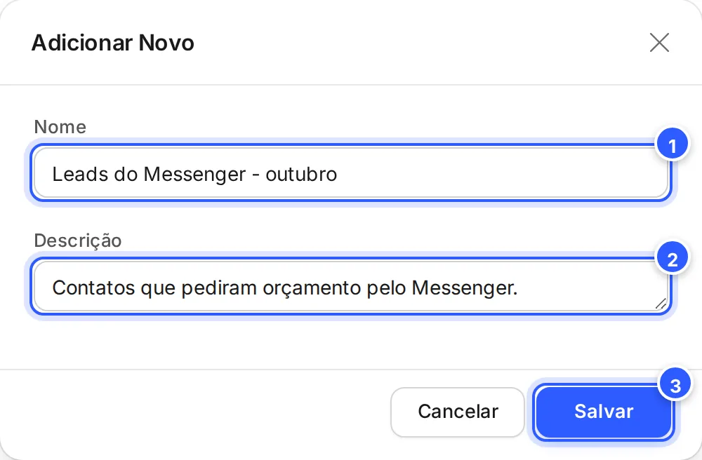 Janela Adicionar Novo do público personalizado: os campos Nome e Descrição preenchidos e os botões Cancelar e Salvar.