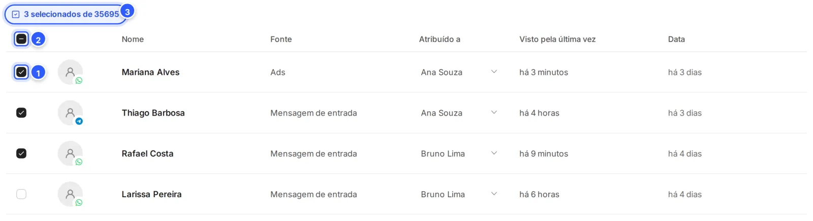 Três contatos marcados na lista: as caixas de seleção das linhas, a caixa do cabeçalho e o selo 3 selecionados de 35695.
