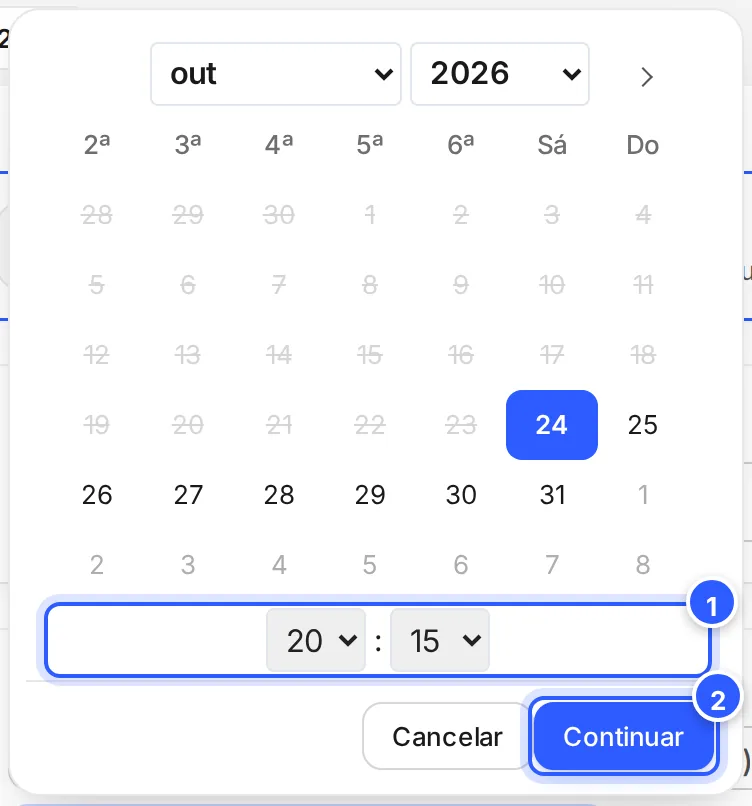 Calendário do agendamento: o mês e o ano, os dias, a hora e os minutos, e os botões Cancelar e Continuar.