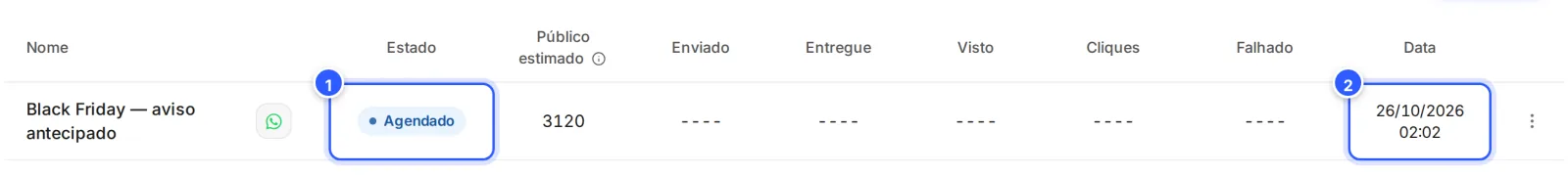 Lista de Broadcasts com um Broadcast Agendado no topo, a data marcada na coluna Data e o menu de três pontos da linha.