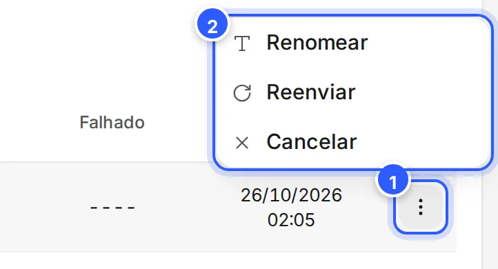 Menu de três pontos de um Broadcast agendado, aberto, com Renomear, Reenviar e Cancelar.