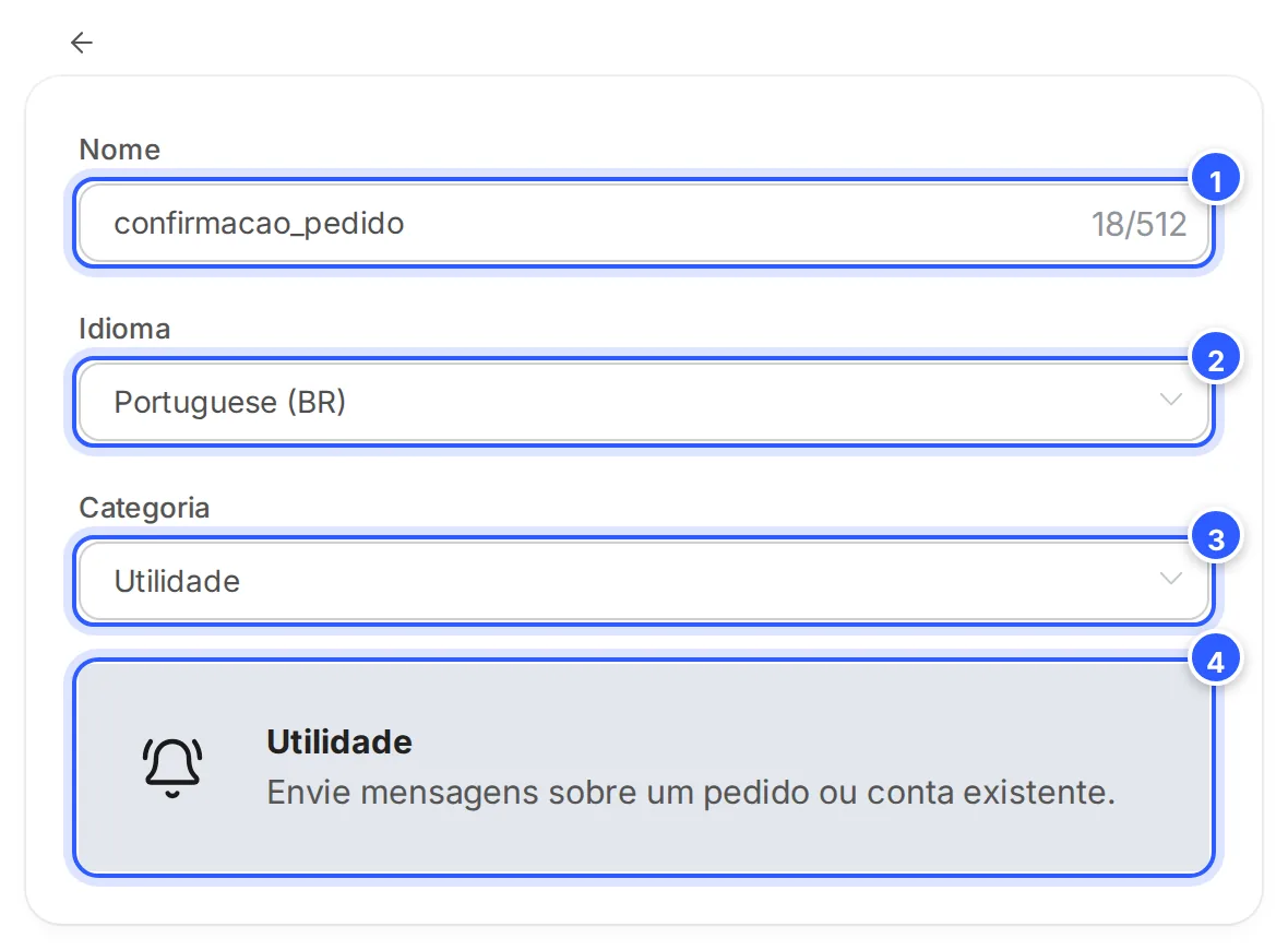 Criação do modelo, parte da esquerda: Nome confirmacao_pedido, Idioma Portuguese (BR), Categoria Utilidade e, embaixo, a descrição da categoria Utilidade.
