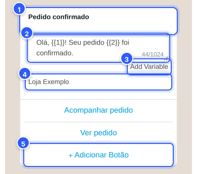 Prévia do modelo no estilo do WhatsApp: o título Pedido confirmado, o texto aberto para edição com as variáveis {{1}} e {{2}} e o botão Add Variable, o rodapé Loja Exemplo, os botões Acompanhar pedido e Ver pedido e o + Adicionar Botão.