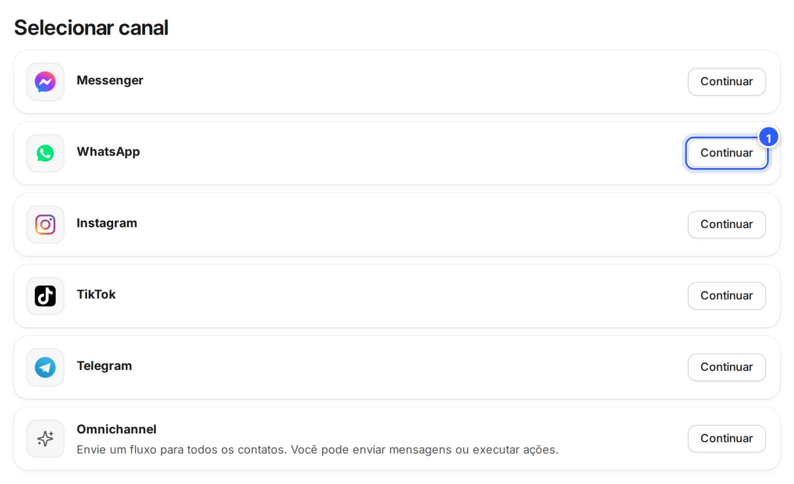 Novo Broadcast, passo Selecionar canal: Messenger, WhatsApp, Instagram, TikTok, Telegram e Omnichannel, cada um com o botão Continuar.