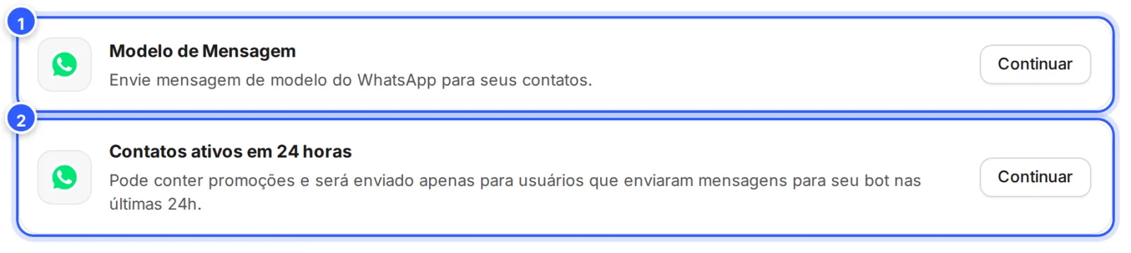 Novo Broadcast pelo WhatsApp: as opções Modelo de Mensagem, para enviar um modelo aprovado, e Contatos ativos em 24 horas.