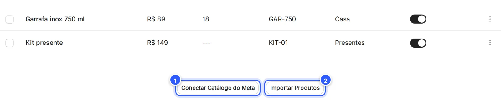 Fim da aba Produtos com os botões Conectar Catálogo do Meta e Importar Produtos.