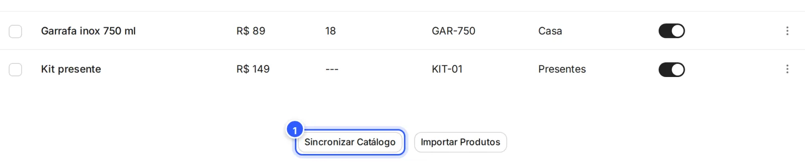 Fim da aba Produtos com o catálogo da Meta já conectado: o botão passa a ser Sincronizar Catálogo.