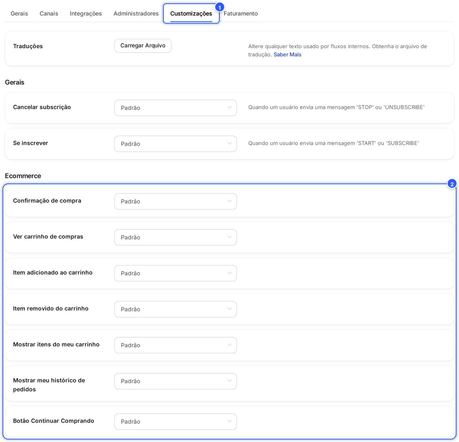 Aba Customizações das Configurações com o grupo Ecommerce: Confirmação de compra, Ver carrinho de compras, Item adicionado ao carrinho, Item removido do carrinho, Mostrar itens do meu carrinho, Mostrar meu histórico de pedidos e Botão Continuar Comprando, todos com Padrão.