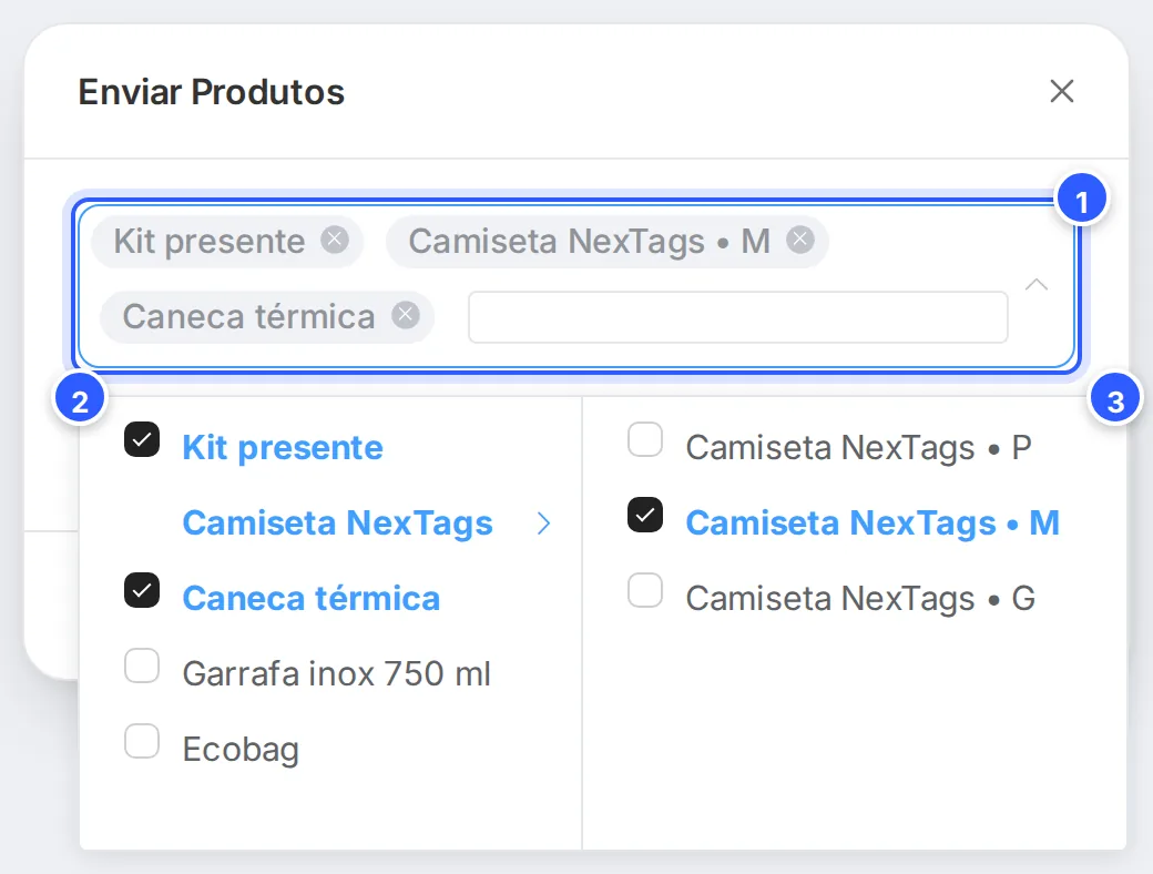 Janela Enviar Produtos com a lista aberta: o Kit presente e a Caneca térmica marcados e, ao lado, as variações P, M e G da Camiseta NexTags, com a M marcada.