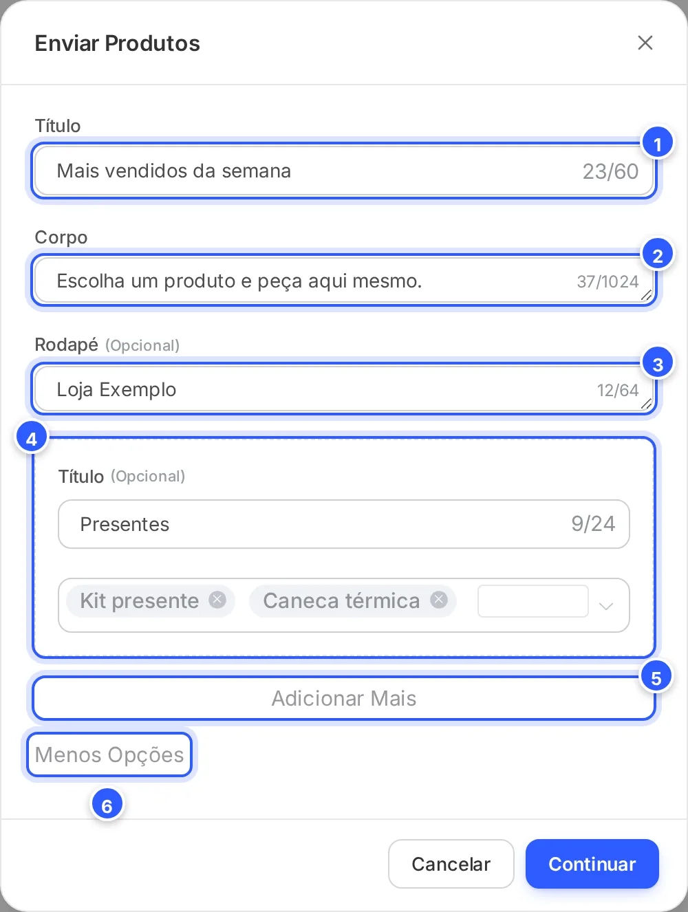 Janela Enviar Produtos em Mais Opções: Título, Corpo, Rodapé e uma seção com título e produtos, mais Adicionar Mais e Menos Opções.