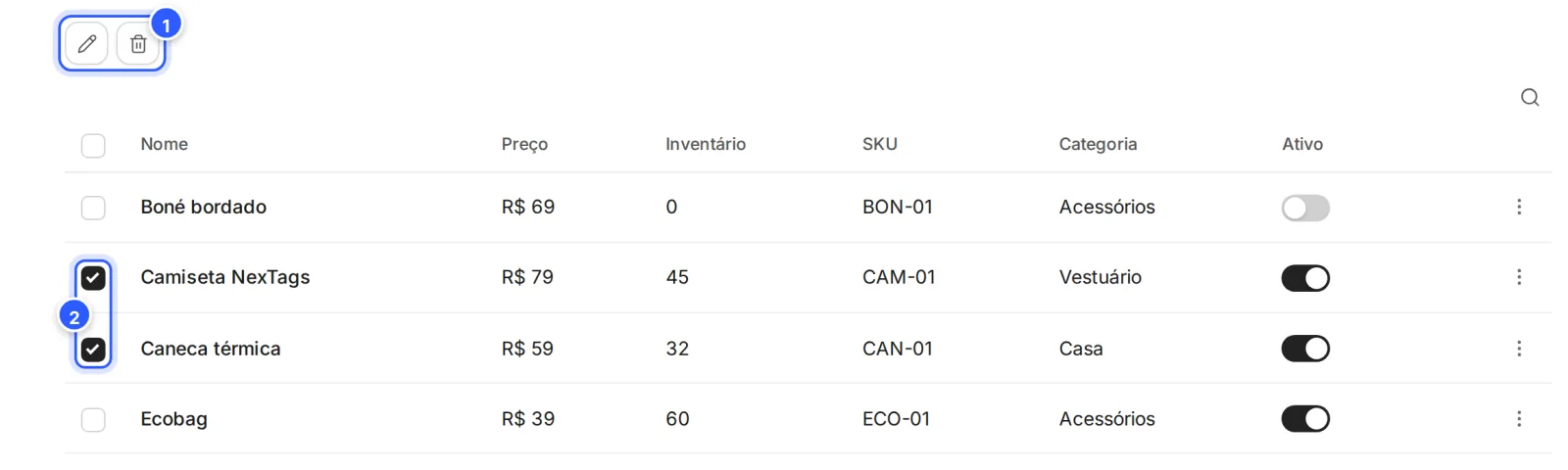 Dois produtos marcados na lista e, acima dela, os botões de editar e de excluir os marcados.
