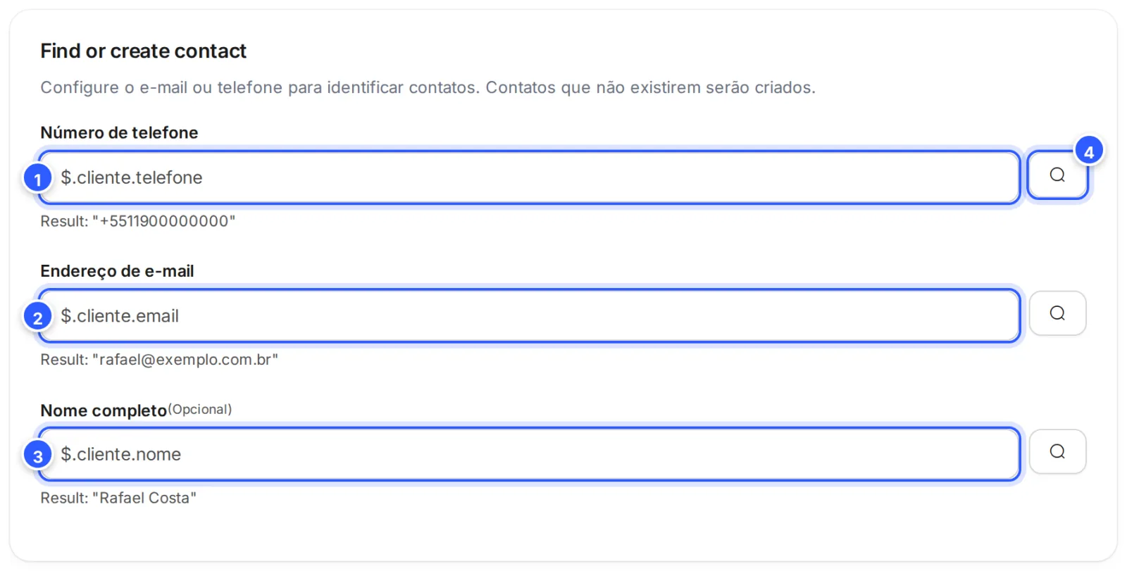 Quadro Find or create contact com os caminhos do telefone, do e-mail e do nome no JSON e o resultado de cada um embaixo.