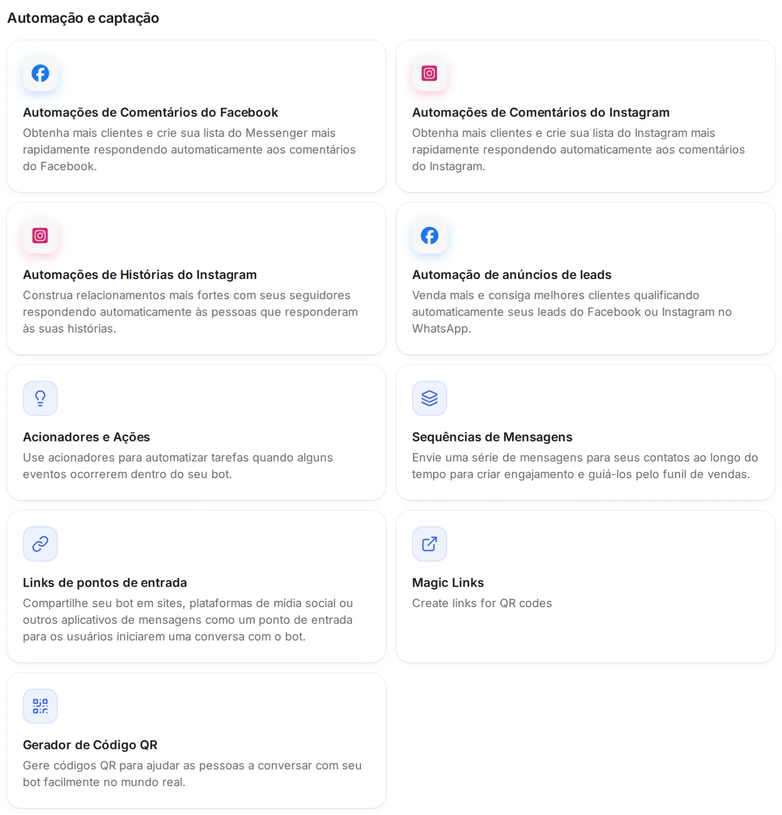 Grupo Automação e captação da tela Ferramentas: comentários e histórias, anúncios de leads, acionadores, sequências, links e QR Code.