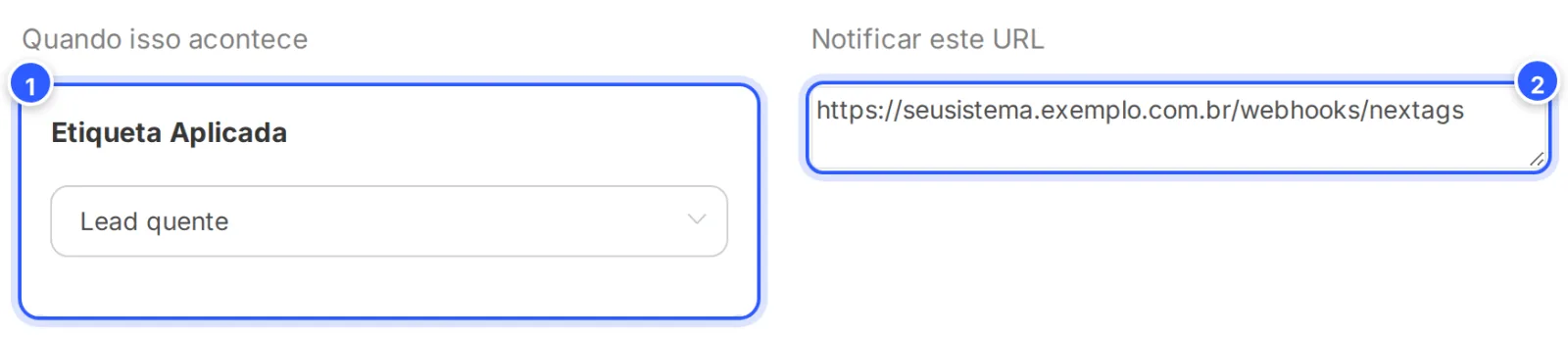 Webhook de saída com o evento Etiqueta Aplicada (Lead quente) e o endereço do seu sistema em Notificar este URL.